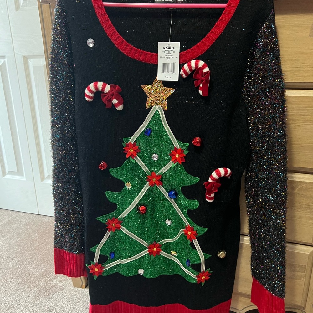 Kohl's Black Christmas Sweater with Red and Gold Accents